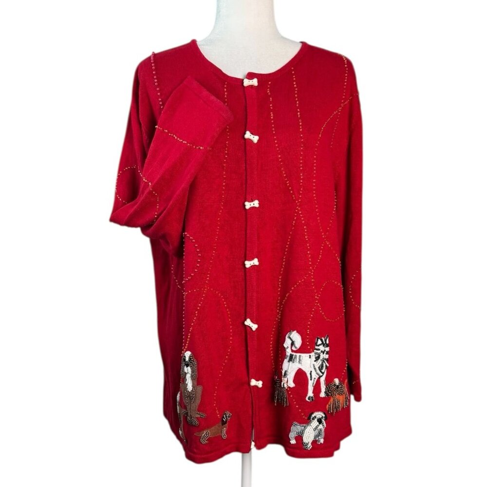 The Quacker Factory Nostalgic Rojo Dog Sweater Cardigan Beaded Women's Size 1X